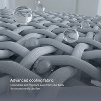 Close-up of a woven cooling fabric with transparent water droplets resting on it.