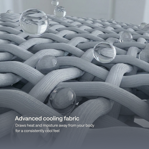 Close-up of a woven cooling fabric with transparent water droplets resting on it.