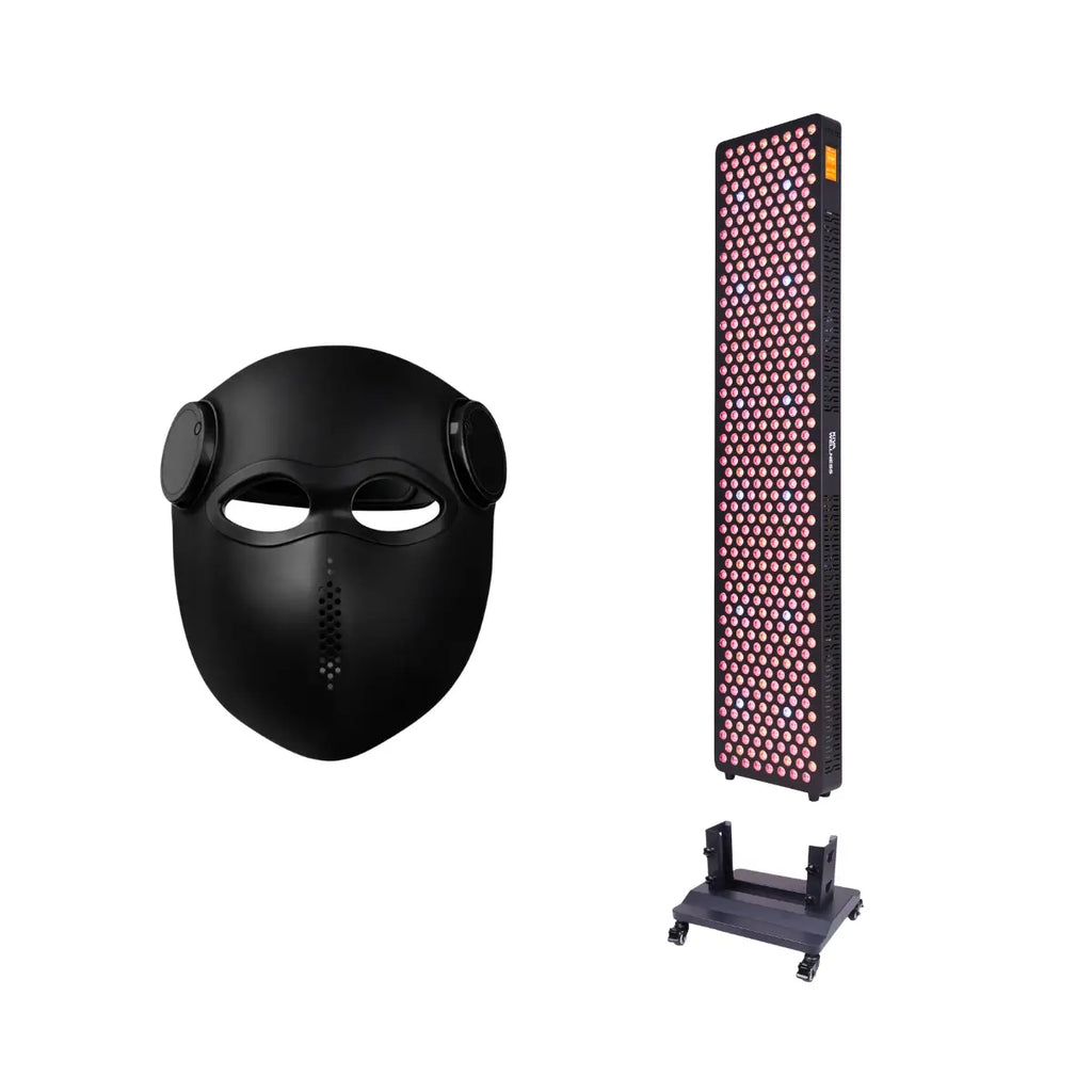 Kiva Wellness bundle showing a black LED face mask beside a Solace Halo red light panel on a wheeled stand.