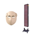 Kiva Wellness bundle showing a cream LED face mask beside a Solace Halo red light panel on a wheeled stand.