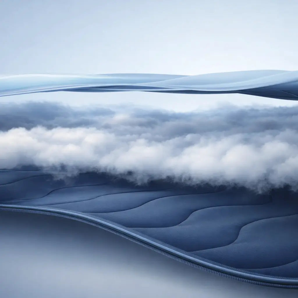 Exploded illustration of a blue quilted blanket showing soft filling between the fabric layers.