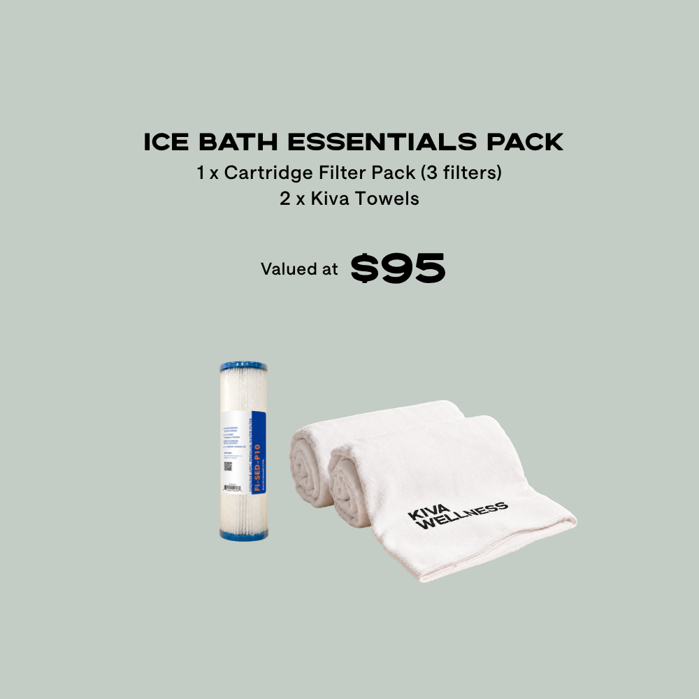 Kiva Ice Bath Essential Pack with three cartridge filters and two Kiva towels