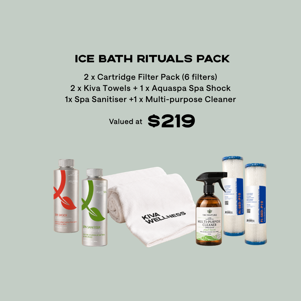 Kiva Ice Bath Rituals Pack with six cartridge filters, two towels, spa shock, sanitiser and multi-purpose cleaner