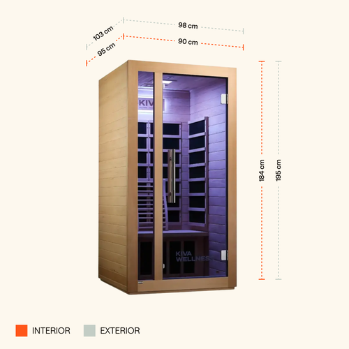 A Kiva Wellness Rise 1 person far infrared sauna with glass door, shown with dimensions indicating its height, width, and depth.