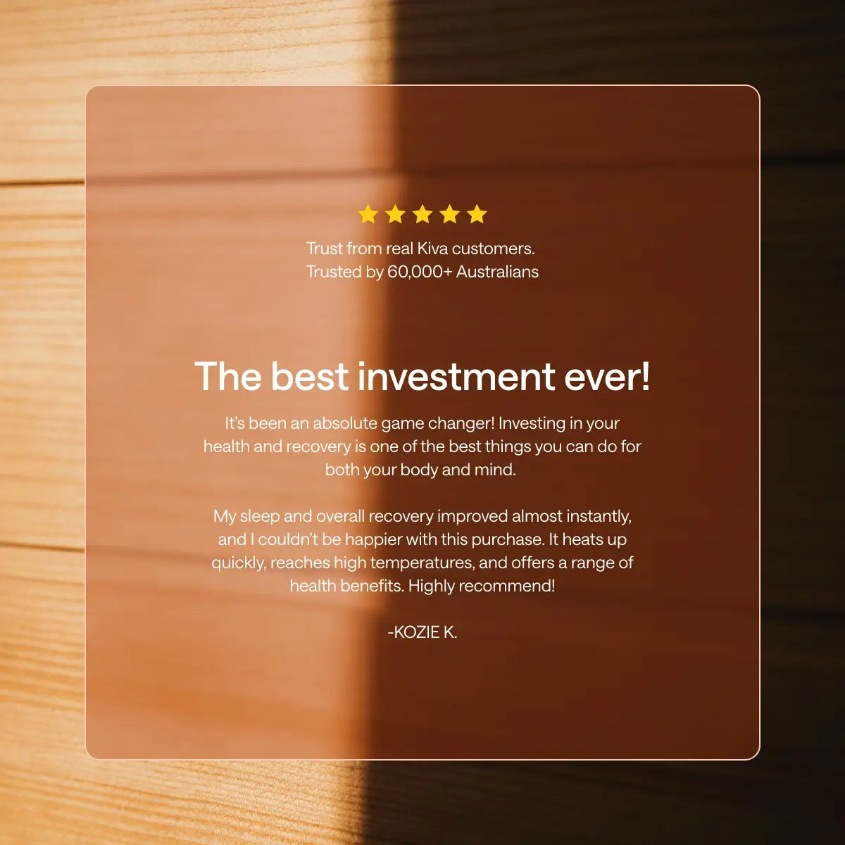 Five-star customer review graphic for the Kiva Wellness Rise 2 person sauna, headed 'The best investment ever!'.