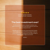 Five-star customer review graphic for the Kiva Wellness Rise 2 person sauna, headed 'The best investment ever!'.