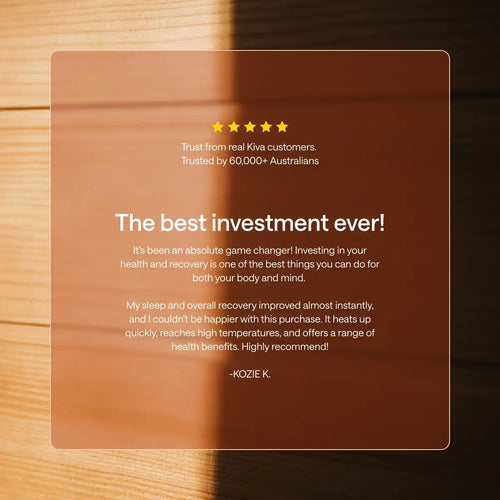 Five-star customer review graphic for the Kiva Wellness Rise 2 person sauna, headed 'The best investment ever!'.