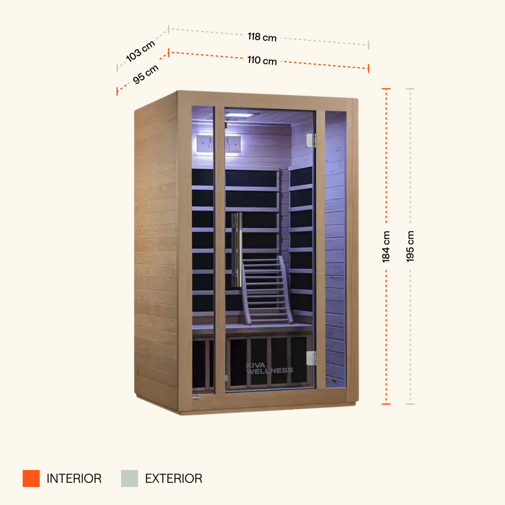 A Kiva Wellness Rise 2 person far infrared sauna with glass door, shown with dimensions indicating its height, width, and depth.