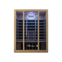 Front view of the Kiva Wellness Rise 3 person far infrared sauna with a glass front and illuminated timber interior.