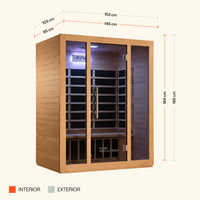 A Kiva Wellness Rise 3 person far infrared sauna with glass door, shown with dimensions indicating its height, width, and depth.