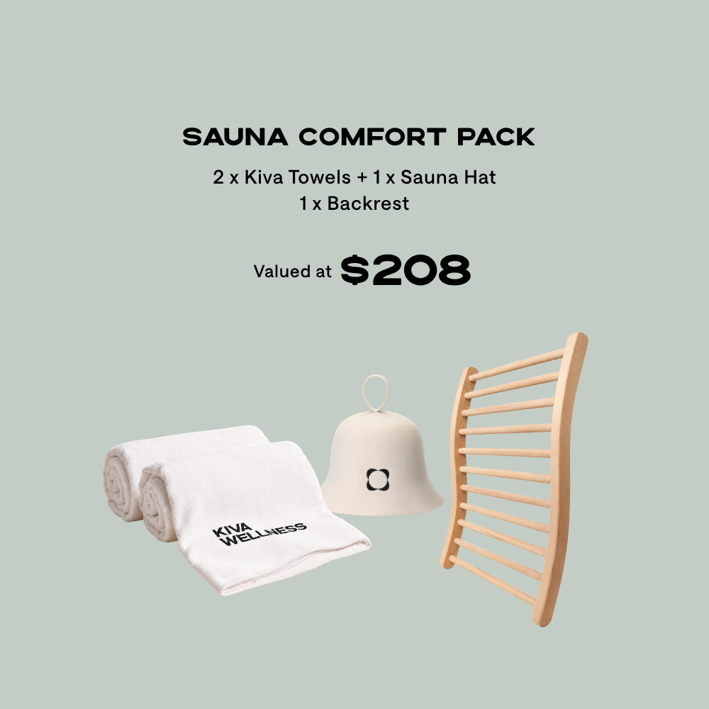 Kiva Sauna Comfort Pack containing one sauna hat, two Kiva towels and ergonomic wooden backrest, combined value $208