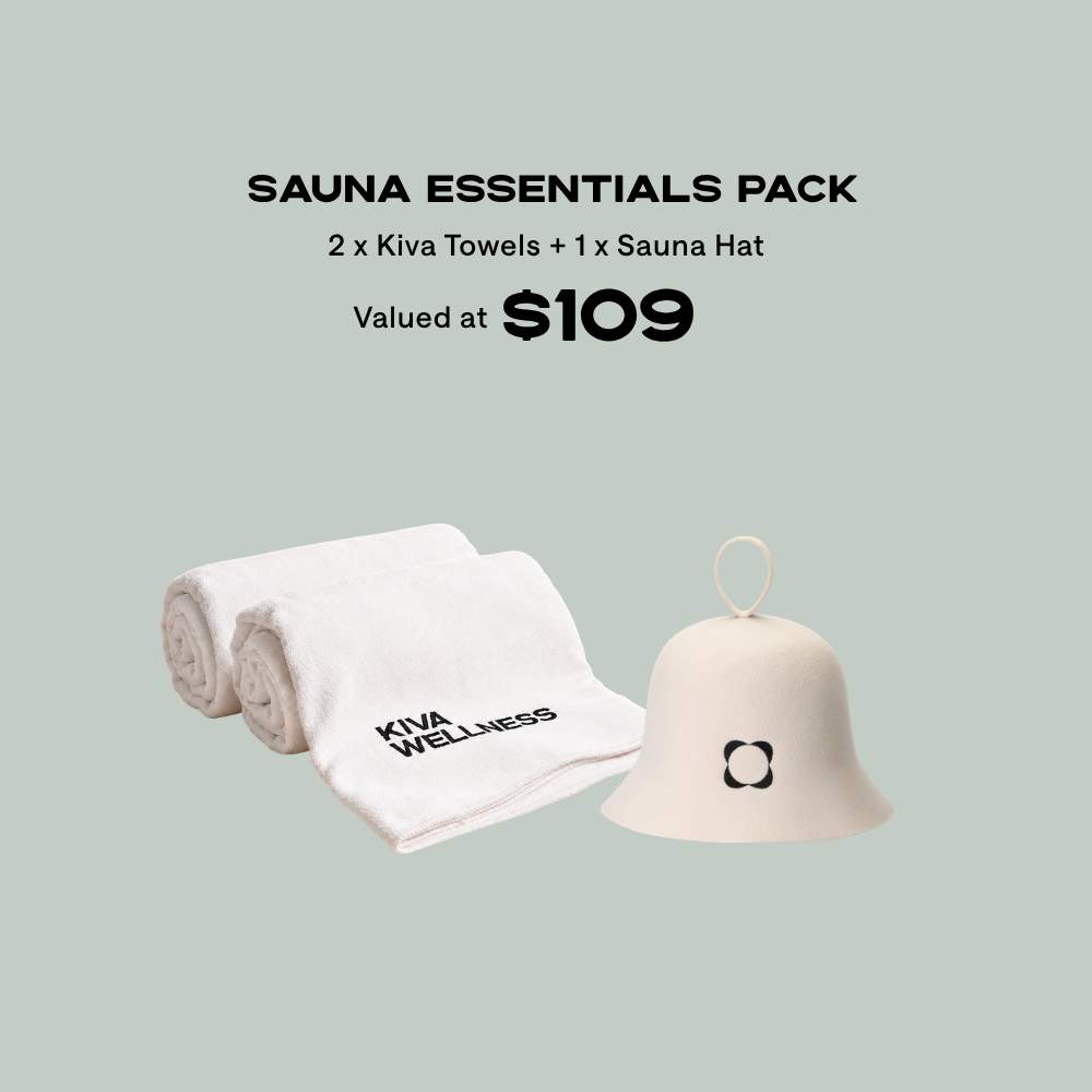 Kiva Sauna Essentials Pack with sauna hat and two Kiva towels