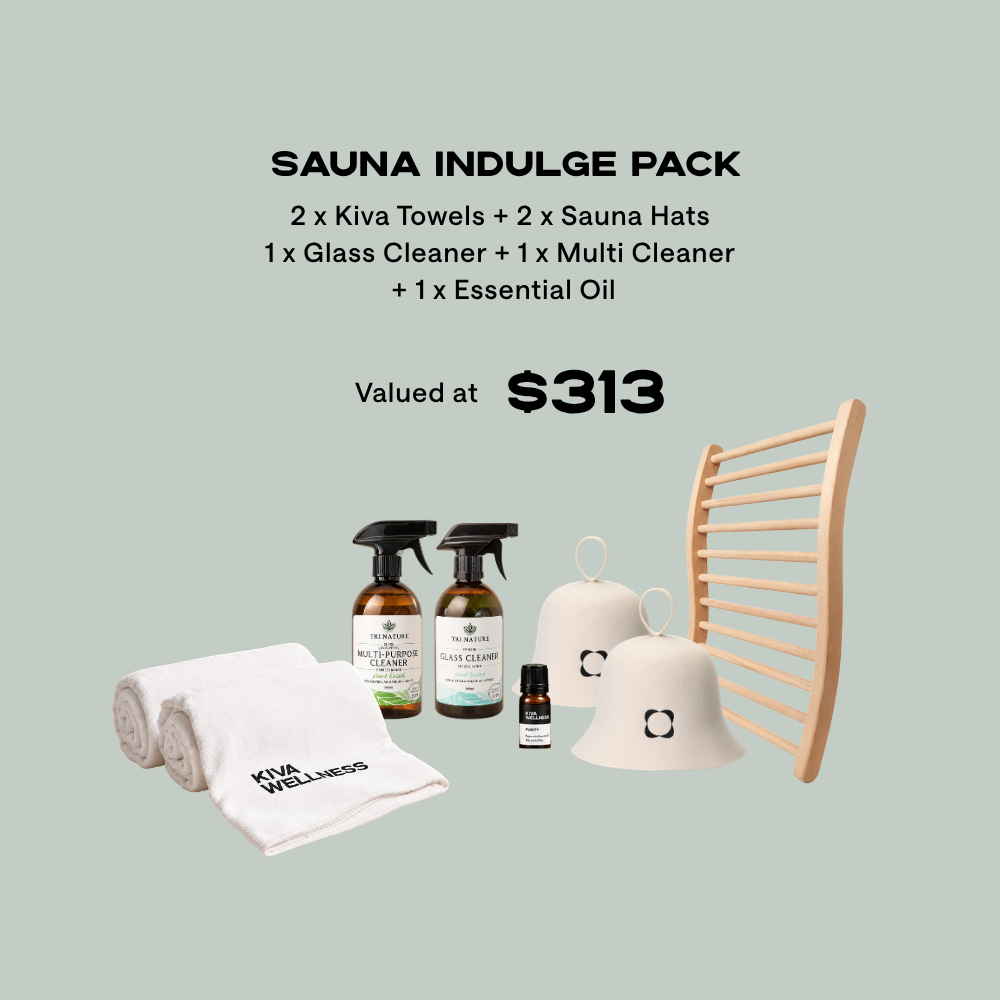 Kiva Sauna Indulgence Pack with two hats, two towels, sauna backrest, essential oil and cleaning products