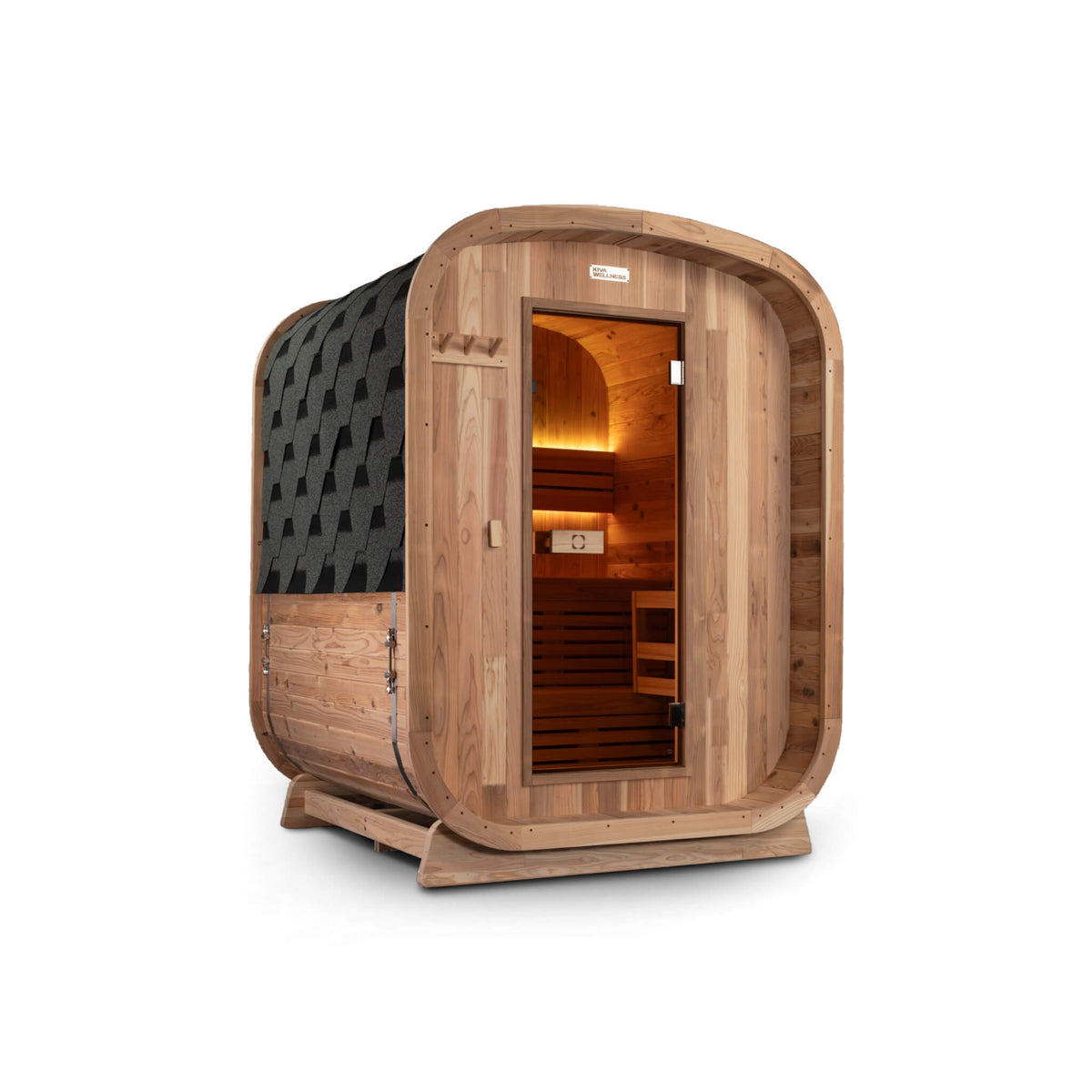Kiva Wellness Ritual 3 person timber front outdoor sauna viewed from the opposite angle with a warmly lit interior.