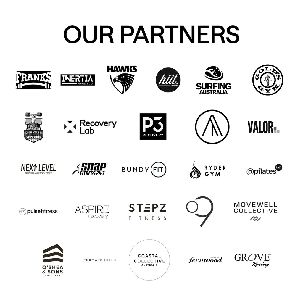 Kiva Wellness partner logo board showing a grid of fitness, recovery, sporting and hospitality organisations.