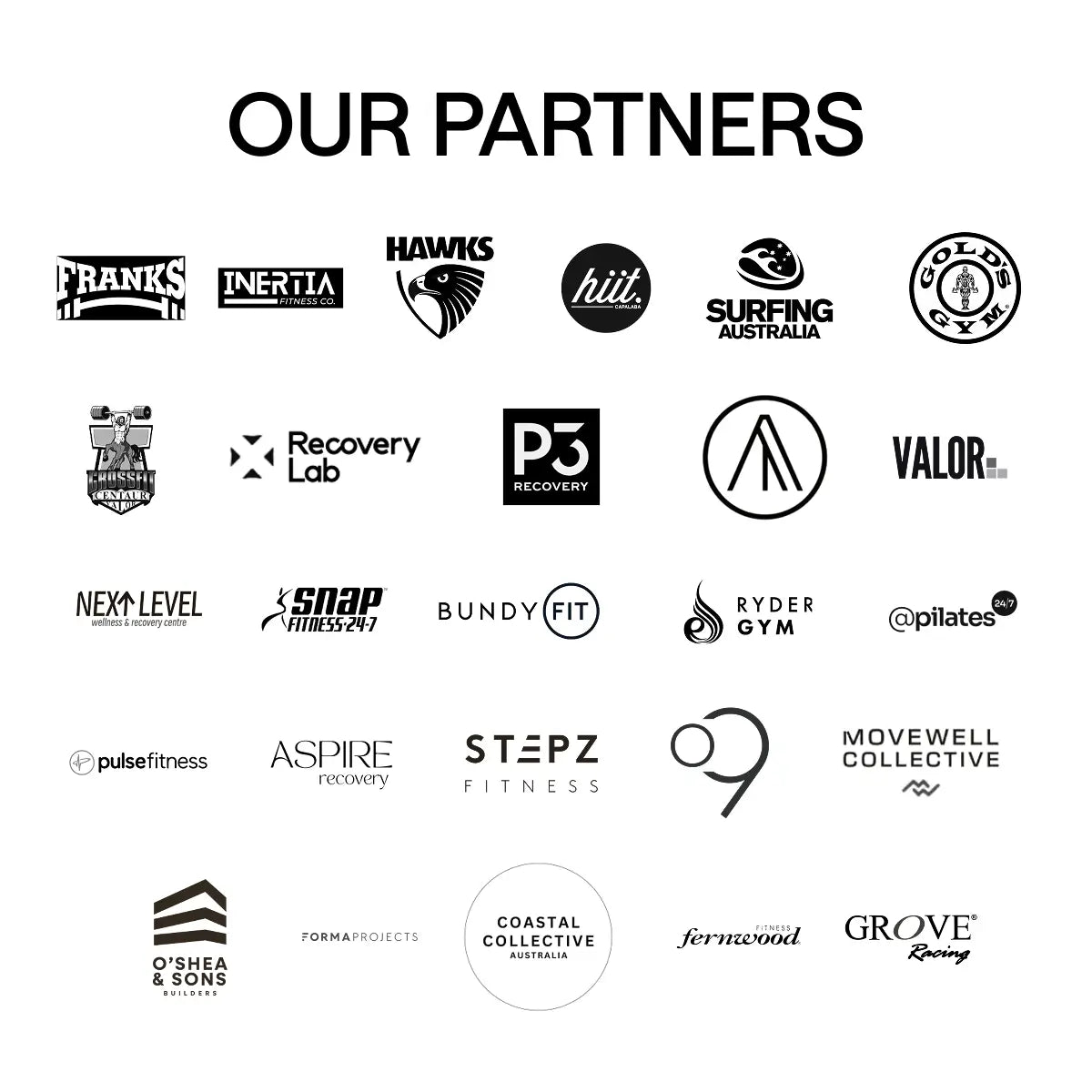 Kiva Wellness partner logo board showing a grid of fitness, recovery, sporting and hospitality organisations.