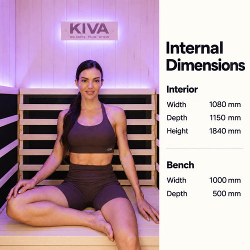A woman sits cross-legged on a wooden bench inside a sauna with purple ambient lighting. The left side shows the interior space and a KIVA wall sign, while the right side displays internal dimensions text for the interior and bench.