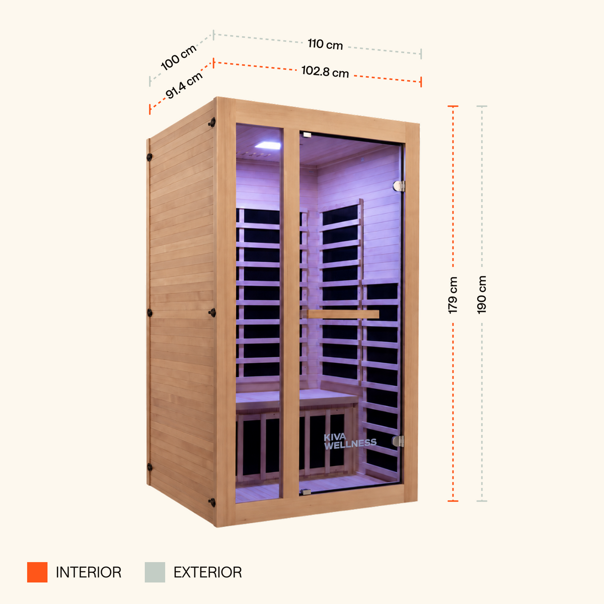 Kiva Wellness Revive 2 person far infrared sauna dimension diagram showing interior and exterior measurements.