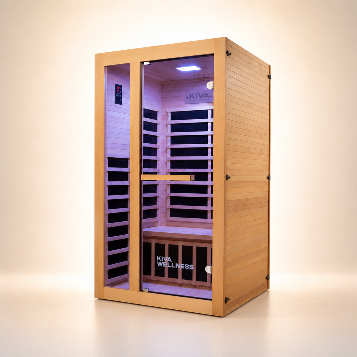 A Kiva Wellness infrared sauna with light natural wood paneling, glass door, and interior lighting, shown on a clean beige studio background.