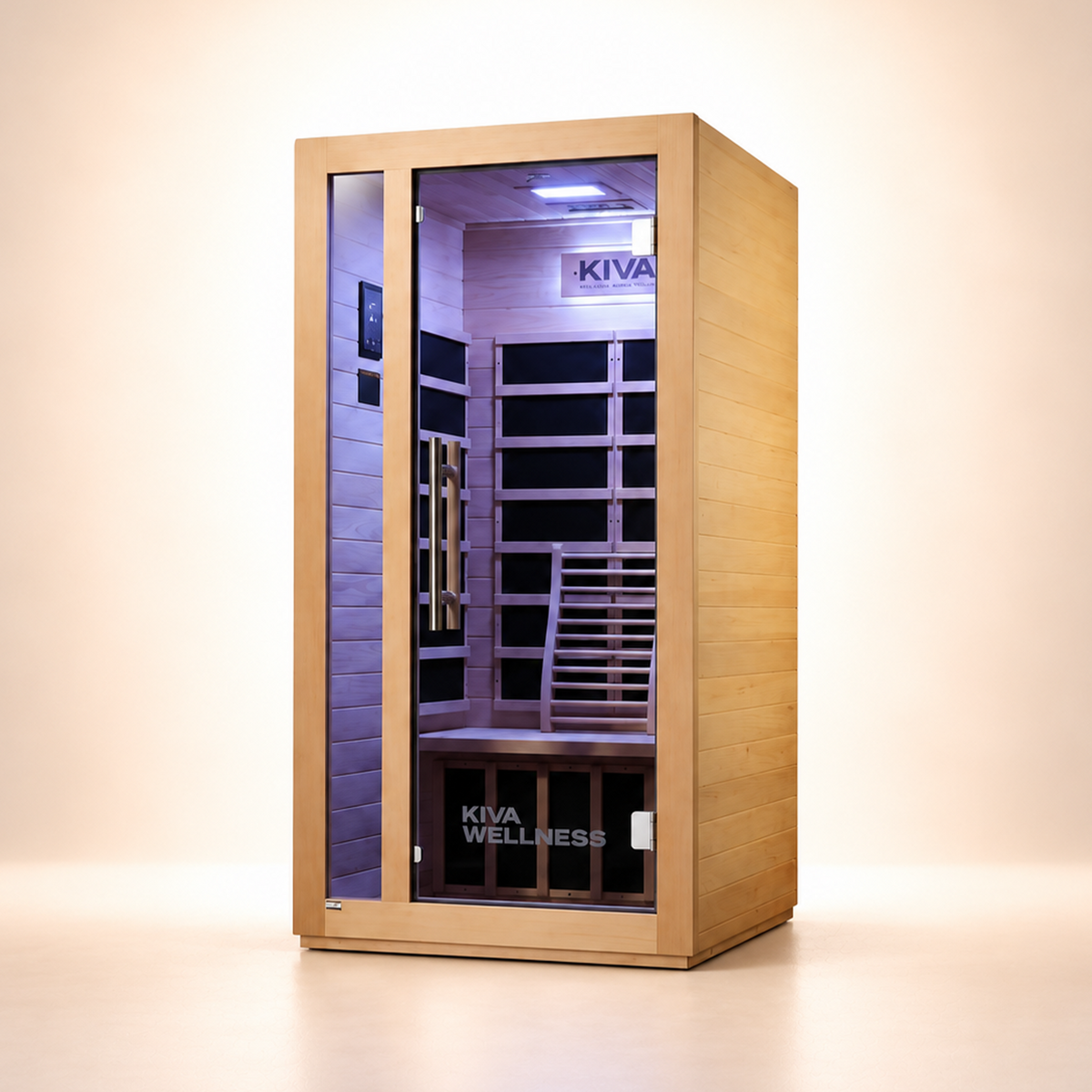 A Kiva Wellness infrared sauna with a light wood exterior, glass door, and purple-lit interior, shown on a clean beige studio background.