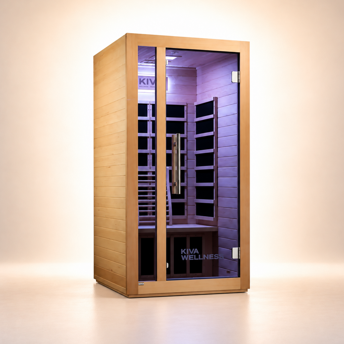 A Kiva Wellness infrared sauna with a light wood exterior, glass door, and a purple-lit interior, shown on a clean beige studio background.