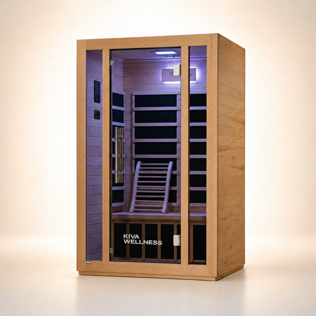 A Kiva Wellness infrared sauna with a light natural wood exterior, glass door, and a dark interior with wooden benches and a backrest, shown on a clean beige studio background.