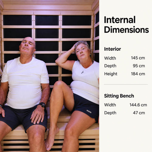 A man and a woman sit inside a wooden 3 person kiva wellness sauna with text on the right listing internal dimensions: interior width 145 cm, depth 95 cm, height 184 cm, and sitting bench width 144.6 cm and depth 47 cm.