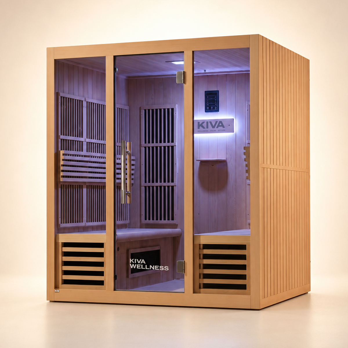 A Kiva Wellness infrared sauna with glass door, interior LED lighting, wooden benches, shown  a clean beige studio background.