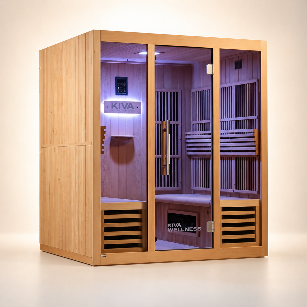 A Kiva Wellness infrared sauna with a warm light wood finish, glass door, built-in seating, and interior lighting, shown on a clean beige studio background.