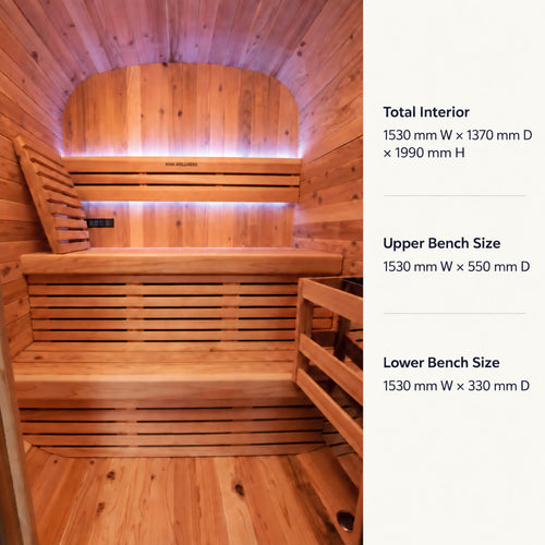 kiva wellness ritual 3 person interior with two tiers of benches and built-in LED lighting, shown alongside measurement text for total interior, upper bench size, and lower bench size.