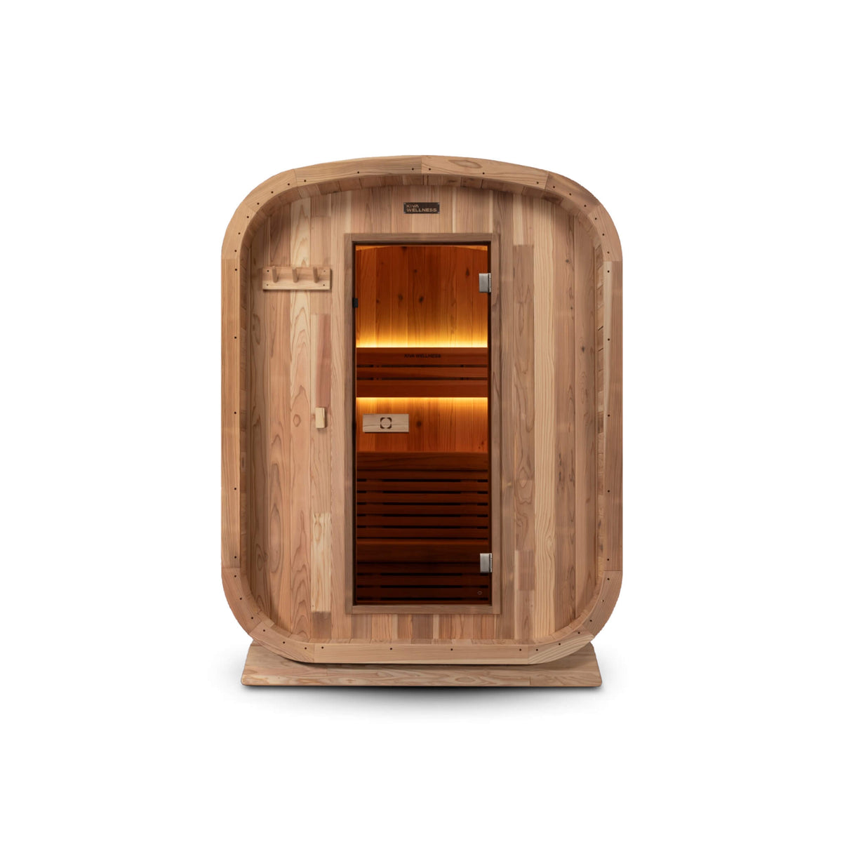 Front view of the Kiva Wellness Ritual 3 person timber front outdoor sauna with a glass door and warm interior light.