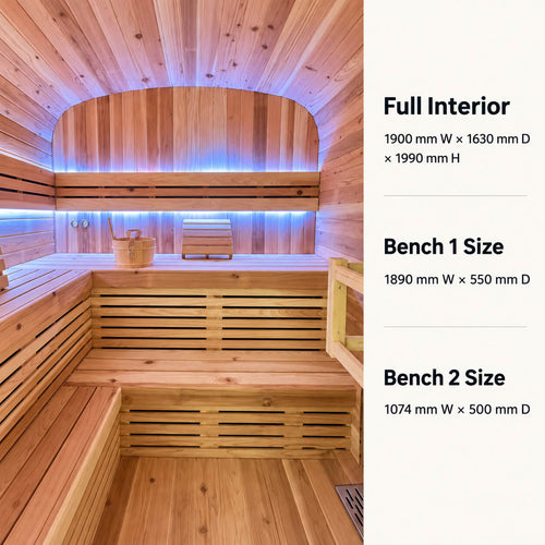 Kiva Wellness Ritual 6 Person wooden sauna interior with built-in seating, blue LED lighting, and text on the right listing dimensions for the full interior and two benches.
