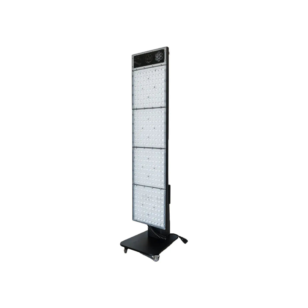 Kiva Wellness Radiance sauna red light therapy panel on a wheeled floor stand with the LEDs switched off.