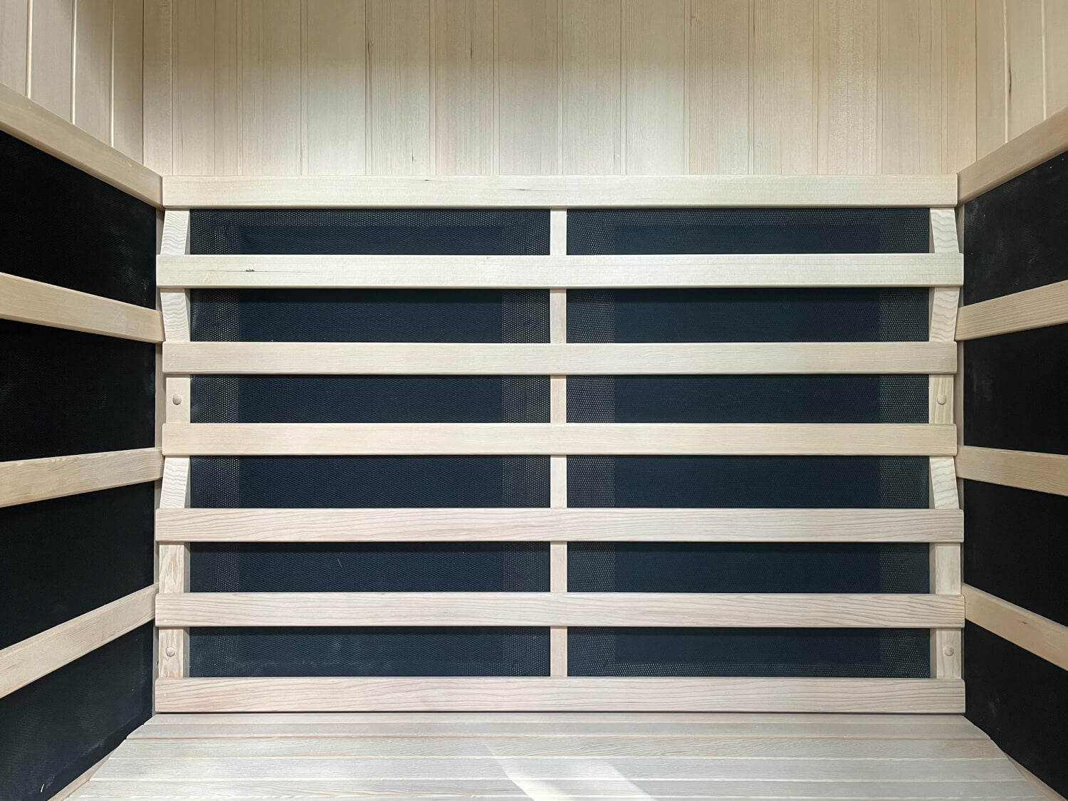 The interior of the Kiva Wellness Radiance 2 Person Full Spectrum Infrared Sauna.
