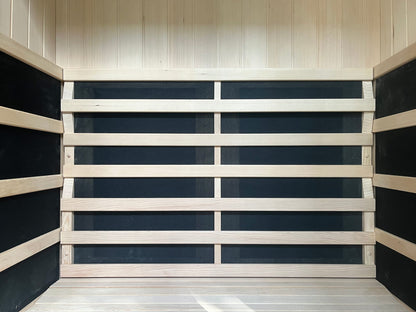 The interior of the Kiva Wellness Radiance 2 Person Full Spectrum Infrared Sauna.