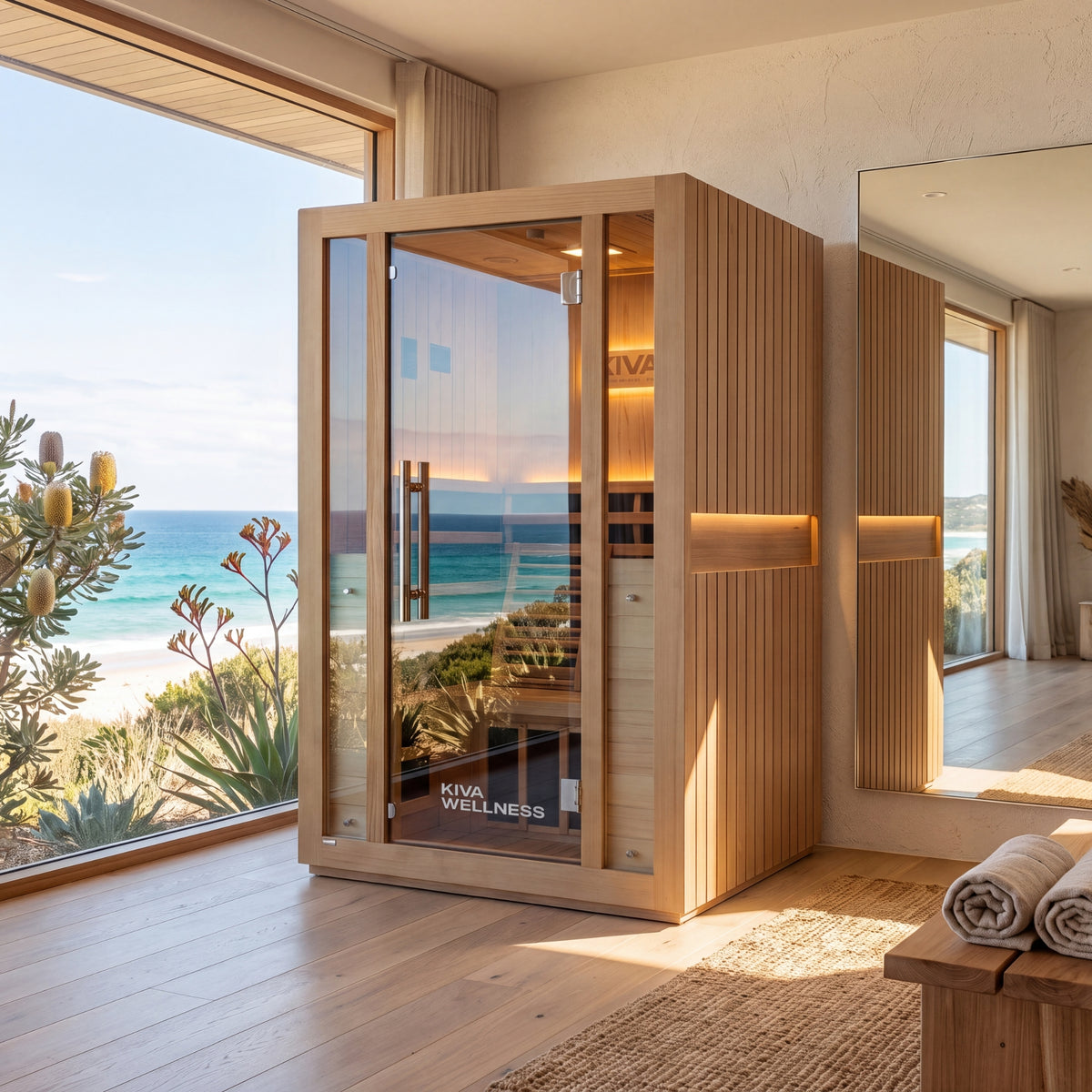 Kiva Wellness Radiance Pro 2 person sauna with an open glass door in a sunlit room overlooking the ocean.