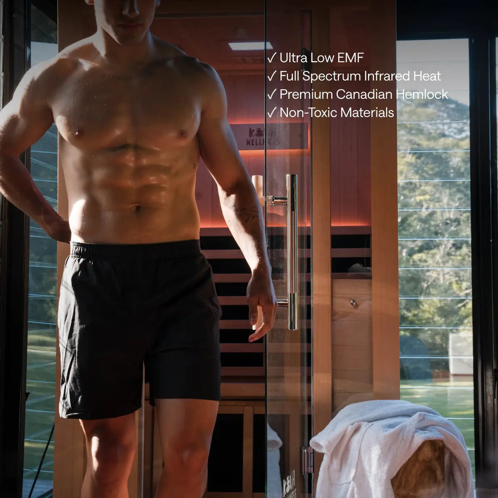 A man stands at an open Kiva Wellness sauna door beneath text listing infrared heating and timber features.