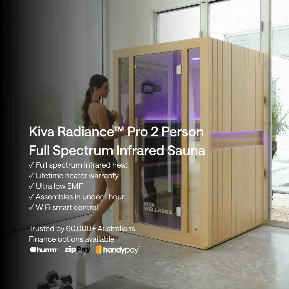 ‍Kiva Radiance™ Pro 2 Person Full Spectrum Infrared Sauna – Smart WiFi Control