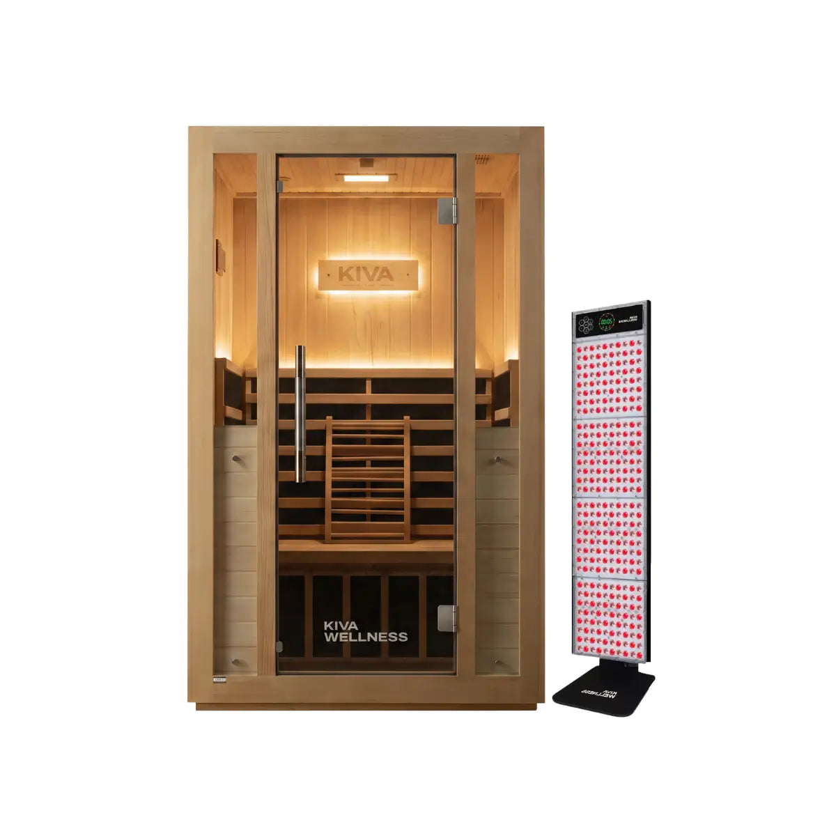 Kiva Wellness Radiance Pro 2 person sauna shown beside a freestanding red light therapy upgrade panel.