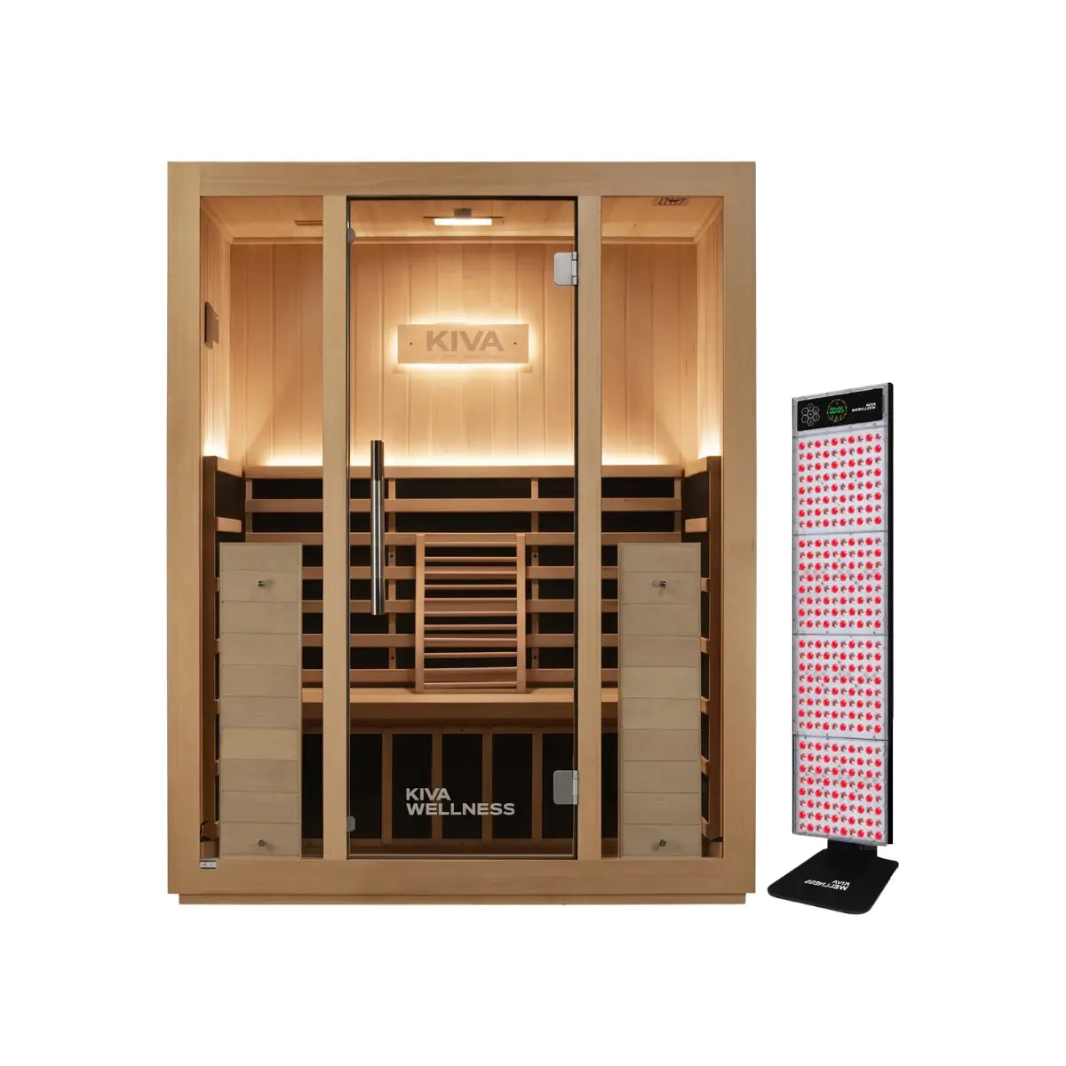 Kiva Wellness Radiance Pro 3 person sauna shown beside a freestanding red light therapy upgrade panel.