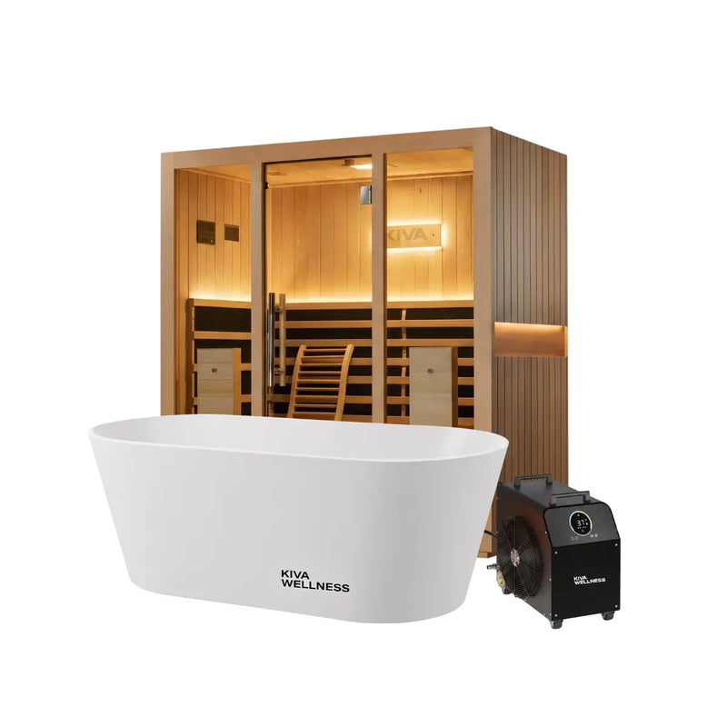 Kiva Radiance™ Pro 4 Person Full Spectrum Infrared Sauna & Käldr Acrylic Ice Bath — 0.8HP Chiller Bundle