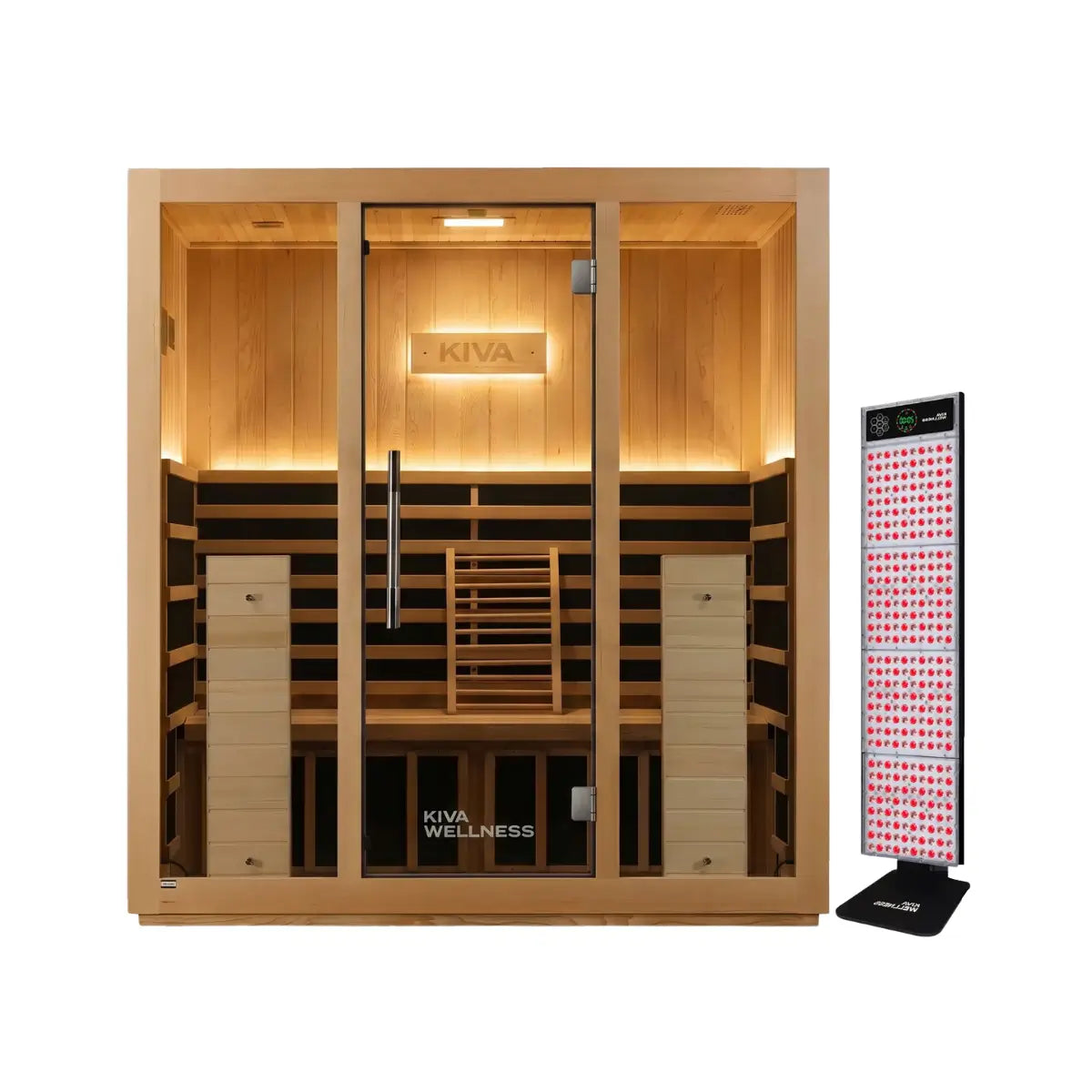 Kiva Wellness Radiance Pro 4 person sauna shown beside a freestanding red light therapy upgrade panel.