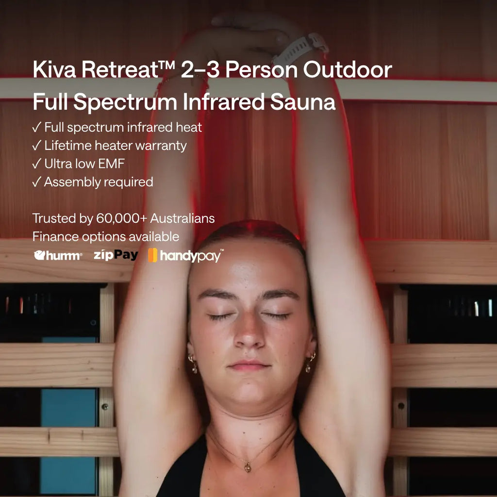 A woman stretches inside the Kiva Wellness Retreat outdoor sauna beside an overlay listing its features.