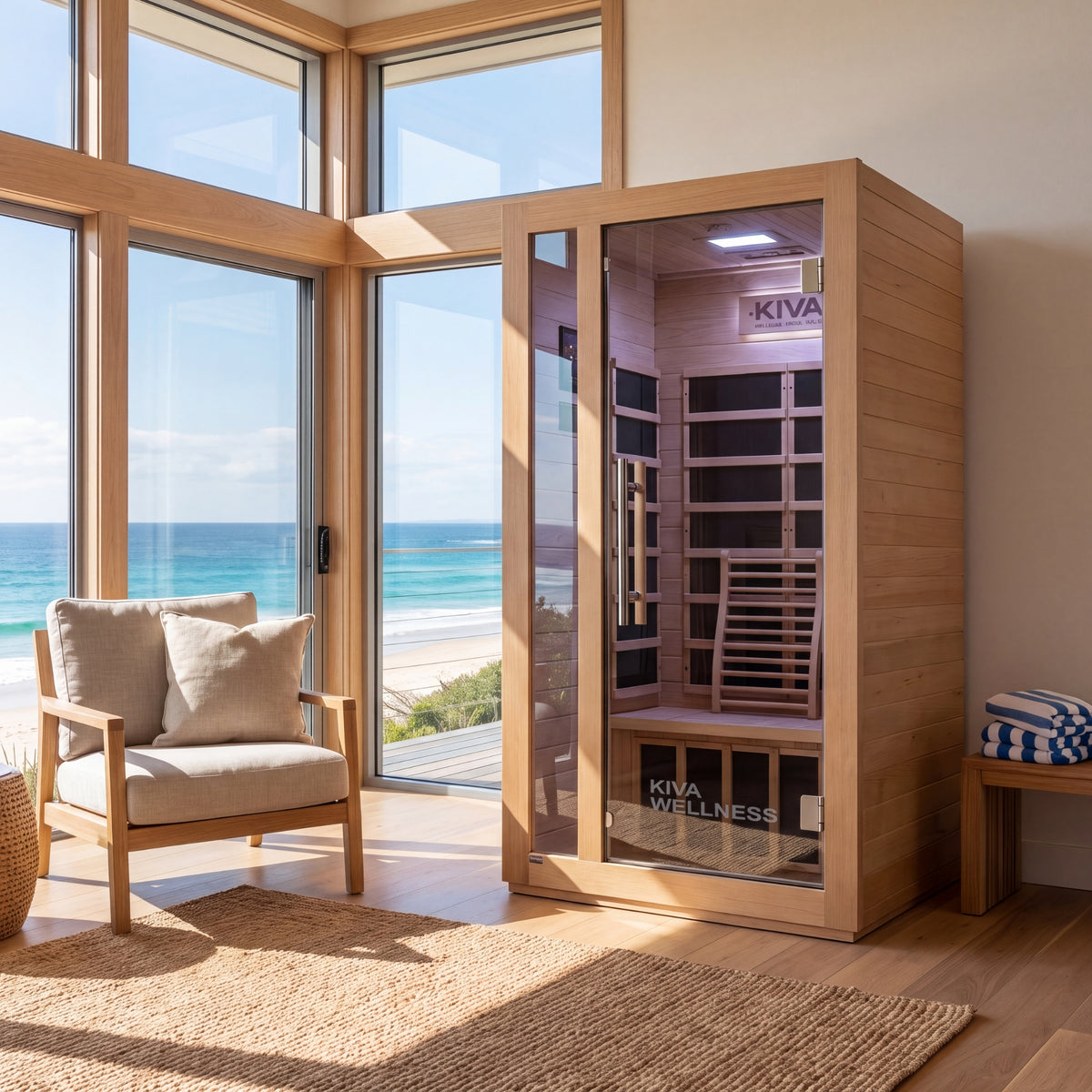 Kiva Rise 1 Person Far Infrared Sauna, set in a modern room with a large window overlooking the ocean