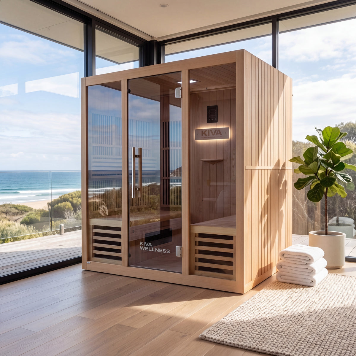 Kiva Rise 4 Person far infrared sauna, situated in a modern room with a large window overlooking the ocean
