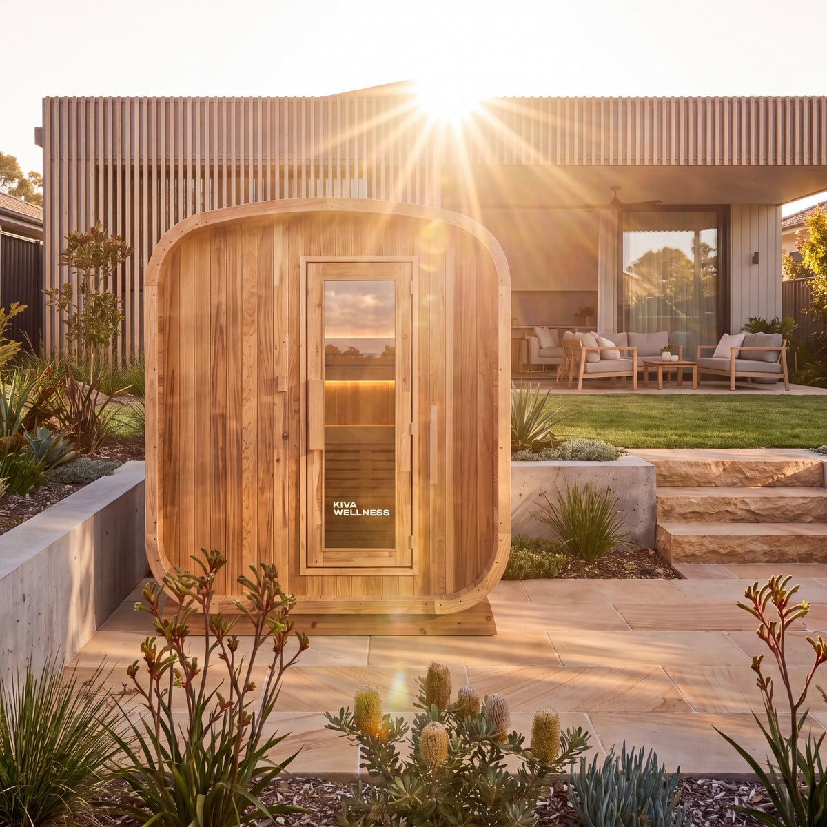 Kiva Ritual 6 Person timber front outdoor Finnish sauna stands on a stone patio in front of a modern house at sunset.