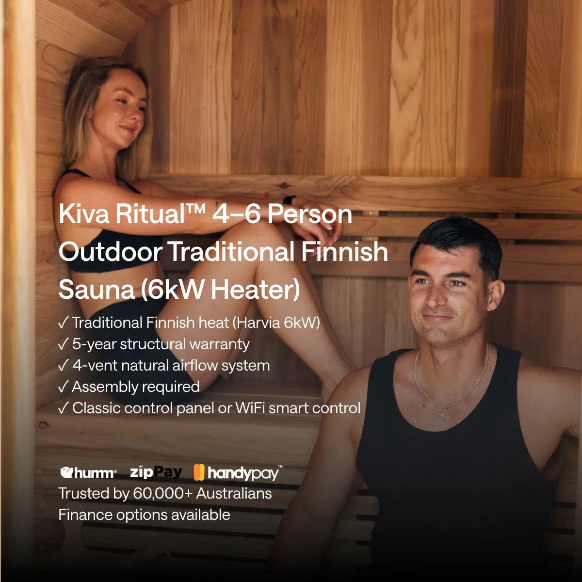 Two people sit inside a Kiva Wellness Ritual outdoor Finnish sauna beside an overlay listing cabin features.