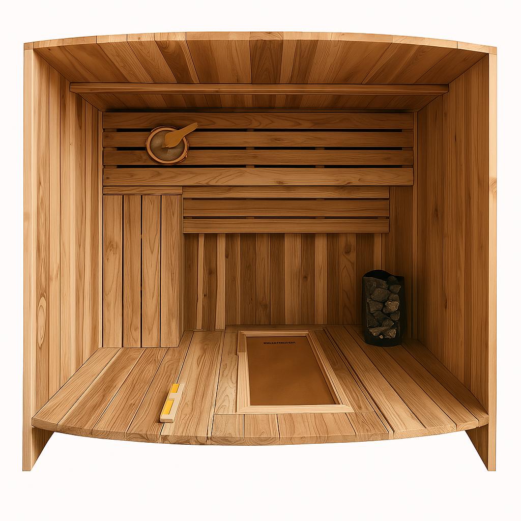 Top view of a traditional sauna showing timber benches around the walls and a stone heater in one corner.