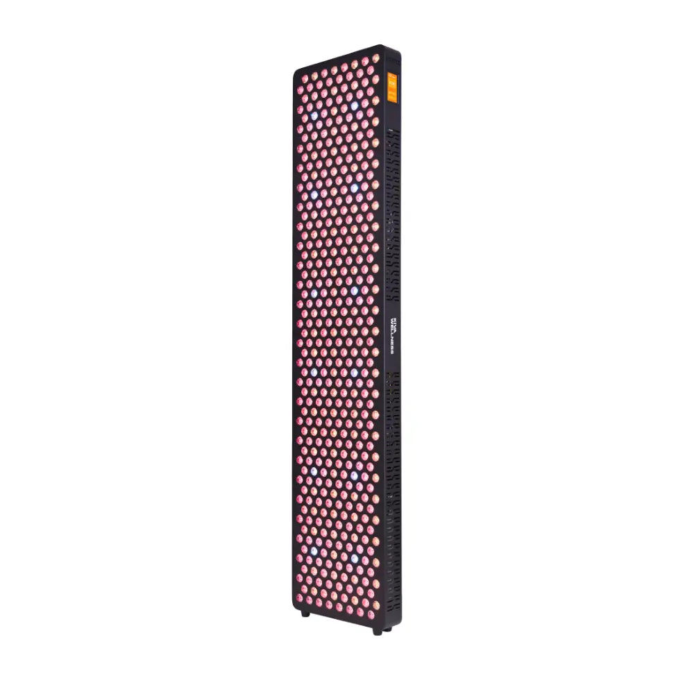 Angled view of the Kiva Wellness Solace Halo red light therapy panel with illuminated LEDs and a side control screen.