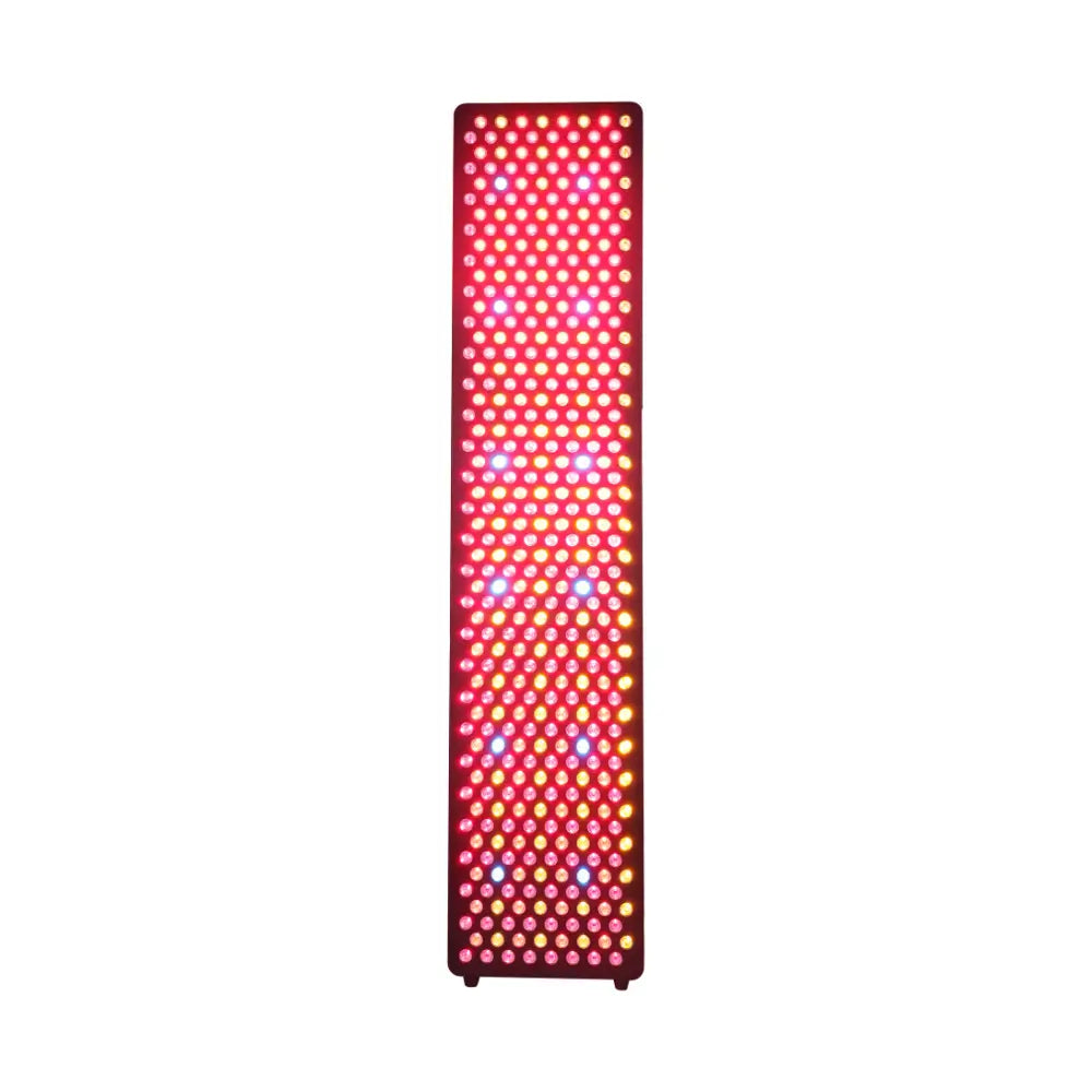 Front view of the Kiva Wellness Solace Halo red light therapy panel with its rows of LEDs illuminated.